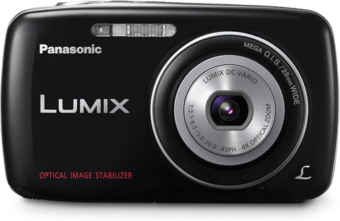 Panasonic Lumix DMC-S1 digitale compactcamera, zwart, voorkant met Lumix DC Vario-lens en 4x zoom