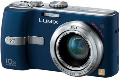 Panasonic Lumix DMC-TZ1 digitale compactcamera, blauw, schuin vooraanzicht met 10x Leica-zoomlens, tweedehands