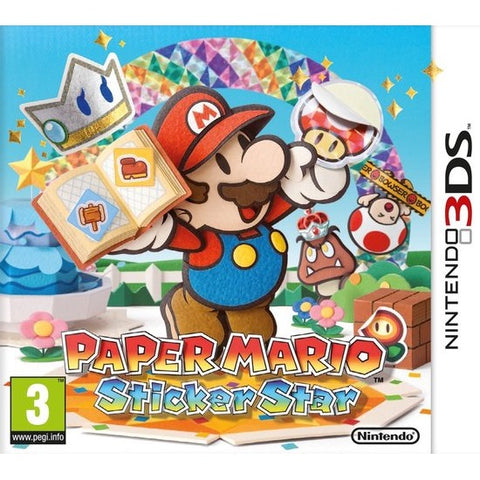 Nintendo 3DS Paper Mario Sticker Star van Nintendo, doos voorkant met Mario en een stickerboek, tweedehands