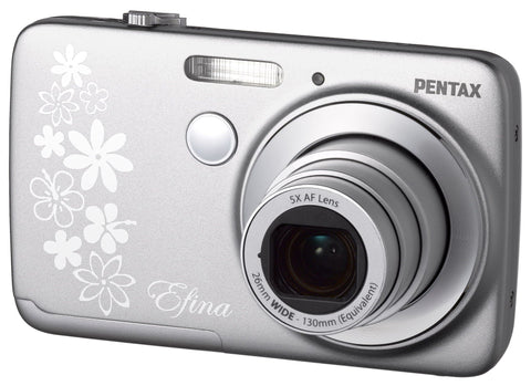Pentax Efina digitale compactcamera, zilver met bloemmotief, voorkant met 5x zoomlens, tweedehands