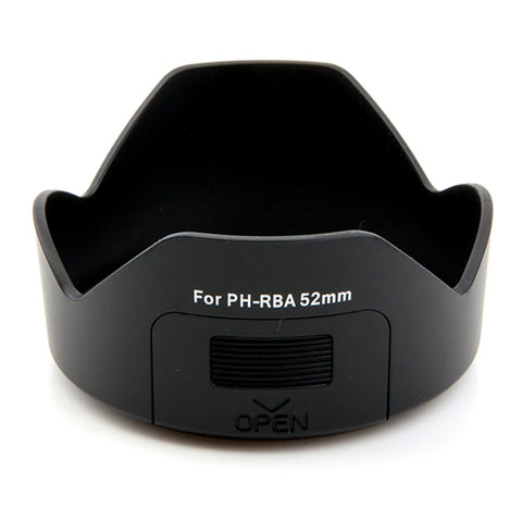 PH-RBA 52 mm zonnekap, zwarte bloemvormige zonnekap met klepje en opschrift For PH-RBA 52mm, tweedehands