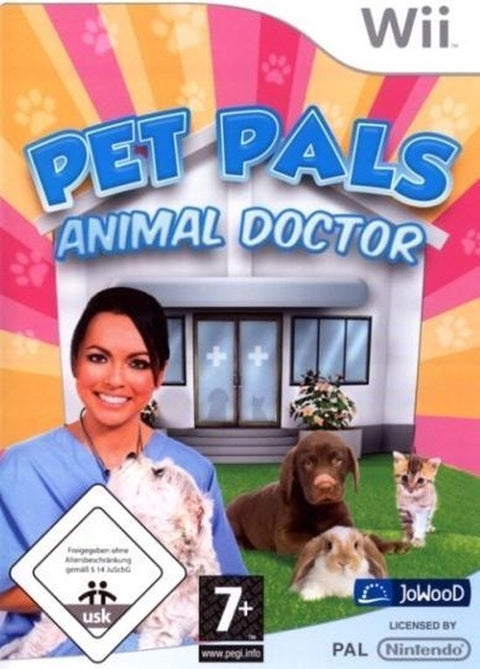 Nintendo Wii Pet Pals Animal Doctor van JoWooD, doos voorkant met dierenarts en huisdieren, USK-label, tweedehands