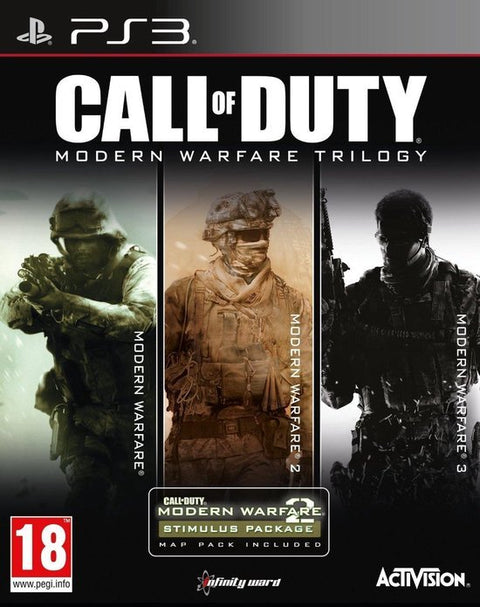 PlayStation 3 Call of Duty Modern Warfare Trilogy van Activision, doos voorkant met drie soldaten, tweedehands