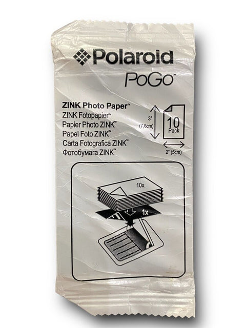 Polaroid PoGo ZINK zelfklevend fotopapier 2 x 3 inch, pak van 10 vellen, verpakking voorkant, nieuw in verpakking