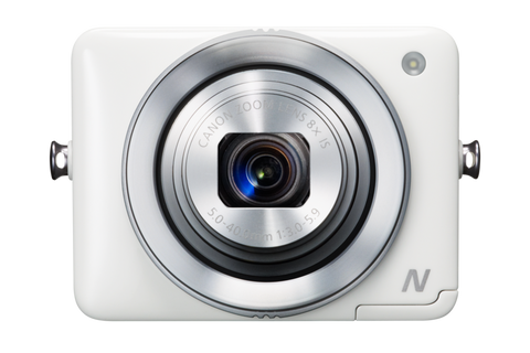 Canon PowerShot N digitale compactcamera, wit, voorkant met zoomring, tweedehands
