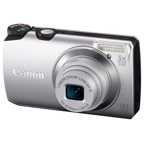 Canon PowerShot A3200 IS digitale compactcamera, zilver, schuin vooraanzicht met 5x zoomlens, tweedehands