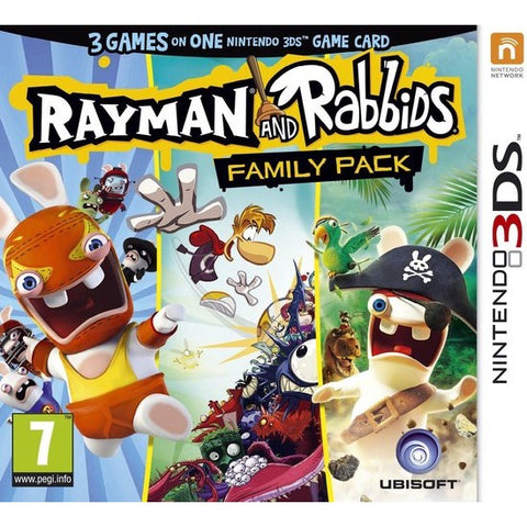 Nintendo 3DS Rayman and Rabbids Family Pack van Ubisoft, doos voorkant met drie spellen op een kaart, tweedehands