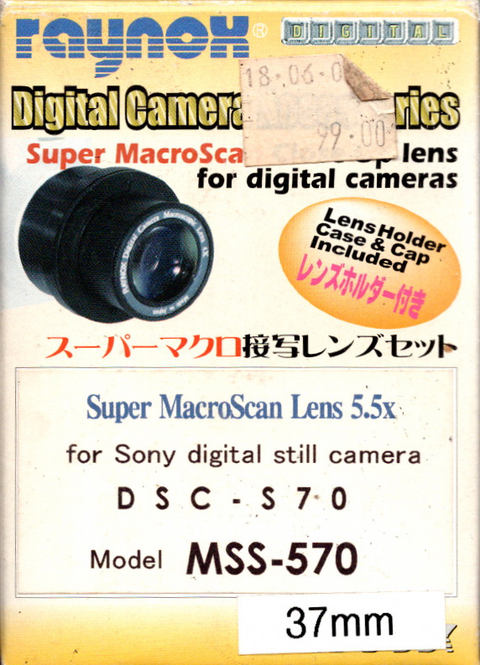 Raynox Super MacroScan Lens 5.5x MSS-570 voor Sony DSC-S70, doos voorkant met prijssticker en 37mm