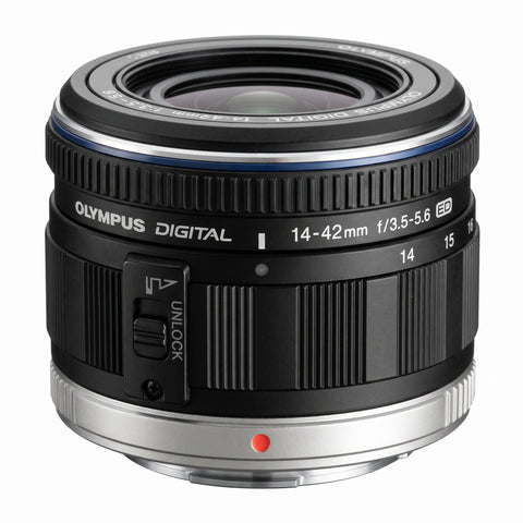 Olympus M.Zuiko Digital ED 14-42mm f/3.5-5.6 lens voor Micro Four Thirds, zwart, zijkant met opschrift en vergrendelschuif