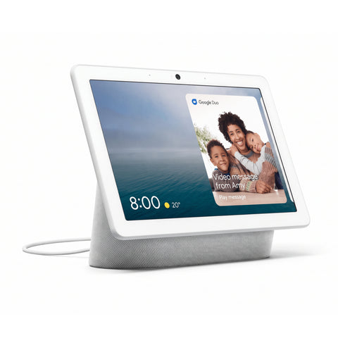 Google Nest Hub Max, grijs, voorkant met scherm en stoffen luidspreker