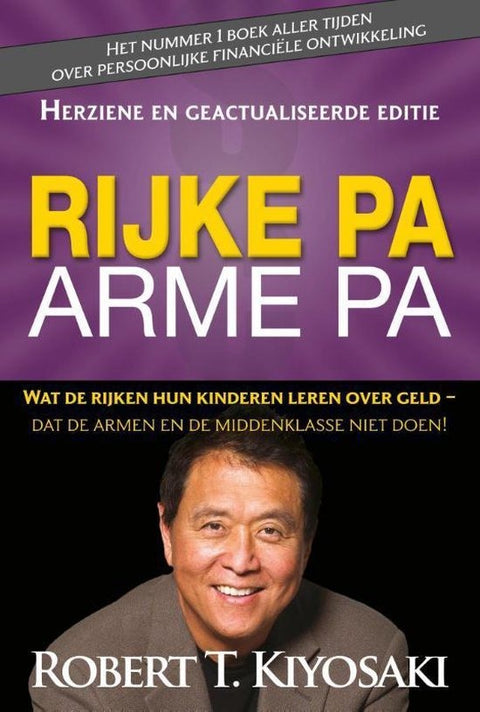 Rijke pa arme pa herziene editie, Robert T. Kiyosaki, paarse boekomslag voorkant met portret, tweedehands