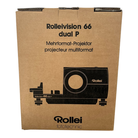 Rollei Rolleivision 66 Dual P diaprojector, doos voorkant met een tekening van de projector, nieuw in verpakking
