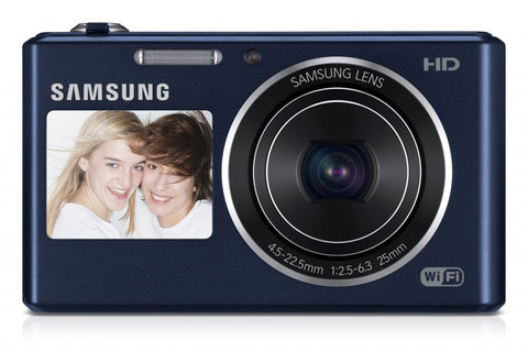 Samsung DV150F digitale compactcamera, blauw, voorkant met klein selfiescherm en 5x zoomlens, tweedehands