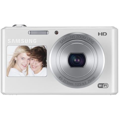 Samsung DV150F digitale compactcamera, wit, voorkant met selfiescherm naast de 5x zoomlens