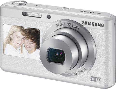 Samsung DV180F digitale compactcamera, wit, voorkant met selfiescherm naast de lens, tweedehands
