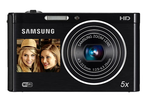 Samsung DV300F digitale compactcamera, zwart, voorkant met selfiescherm en 5x zoomlens, tweedehands