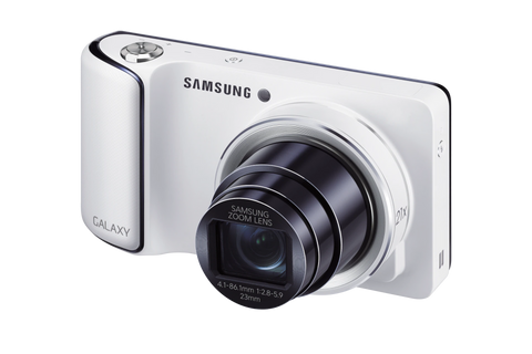 Samsung Galaxy Camera digitale compactcamera, wit, schuin vooraanzicht met uitgeschoven zoomlens