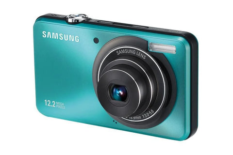 Samsung ST45 digitale compactcamera, blauw, schuin vooraanzicht met zoomlens, tweedehands