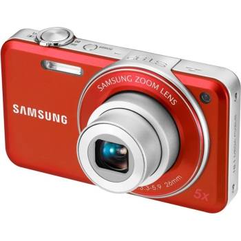 Samsung ST95 digitale compactcamera, rood, schuin vooraanzicht met uitgeschoven 5x zoomlens, tweedehands