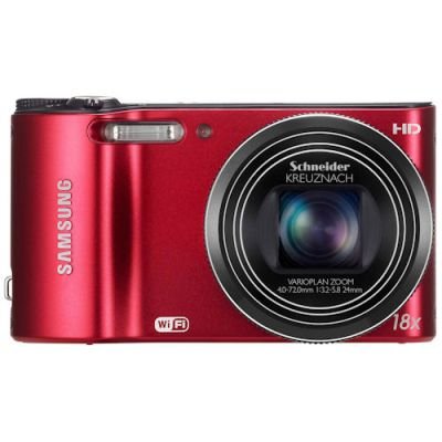 Samsung WB150F compactcamera, rood, voorkant met Schneider-Kreuznach 18x zoomlens en wifi-logo, tweedehands