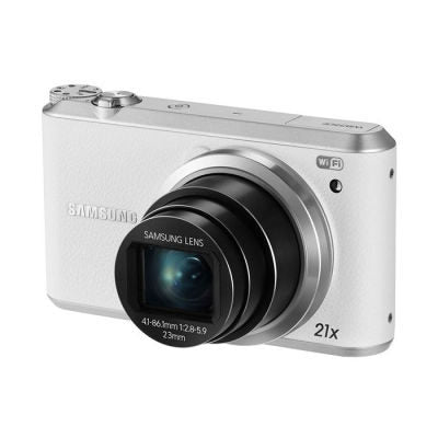 Samsung WB350F digitale compactcamera wit, voorkant schuin met 21x zoomlens