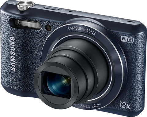 Samsung WB35F digitale compactcamera, blauw, schuin van voren met 12x zoomlens