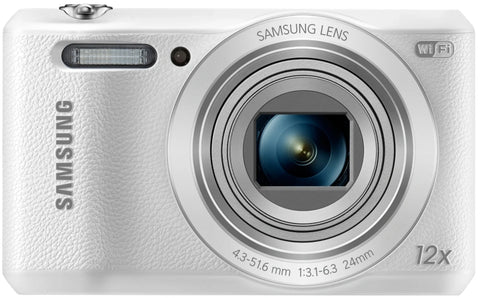 Samsung WB37F compactcamera, wit, voorkant met 12x zoomlens en Wi-Fi-logo