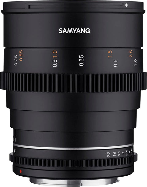 Samyang 24mm T1.5 VDSLR MK2 cine-objectief, zwart, zijkant rechtop met getande focusring en afstandsschaal