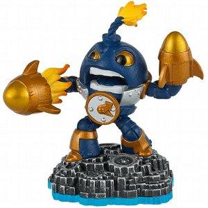 Skylanders Countdown figuur, blauwe bomrobot met twee gouden raketten op een tandwielvoet