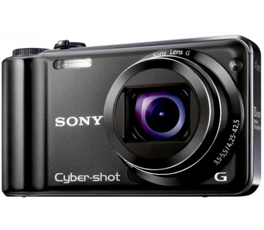 Sony Cyber-shot DSC-HX5V digitale compactcamera, zwart, voorkant schuin met Sony G-lens