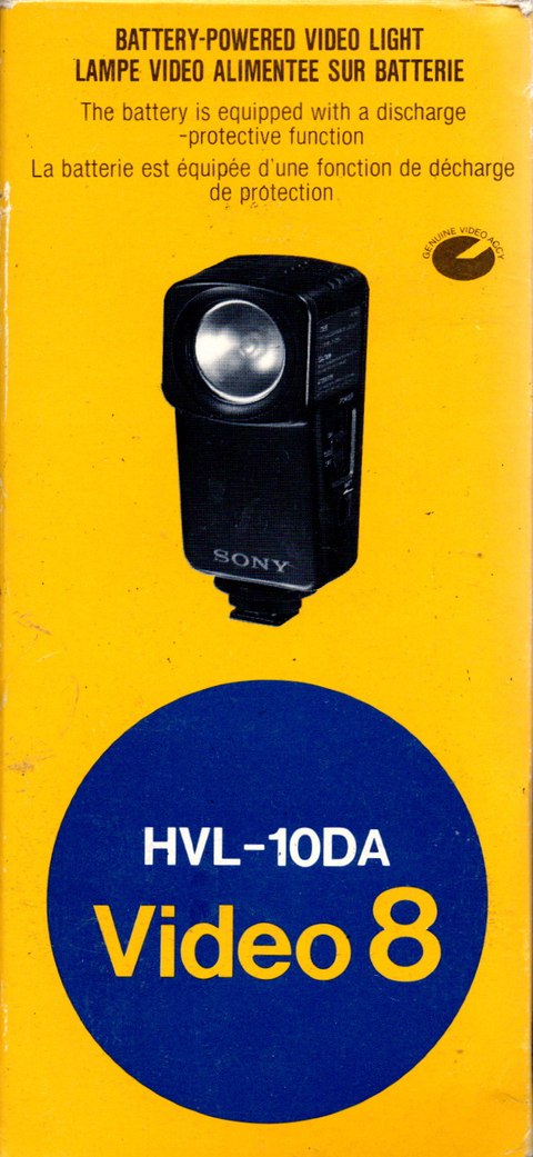 Sony HVL-10DA voor Handycam Video 8, gele doos voorkant met Battery-Powered Video Light-opschrift