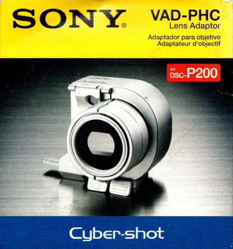 Sony VAD-PHC lensadapter voor Cyber-shot DSC-P100, P150 en P200, doos voorkant met zilveren adapter