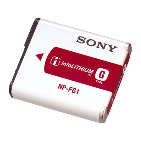 Sony NP-FG1 InfoLithium accu, wit met rood, accu schuin met G Type-opschrift, tweedehands