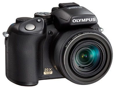 Olympus SP-570 UZ digitale bridgecamera, zwart, schuin vooraanzicht met 20x zoomlens, tweedehands