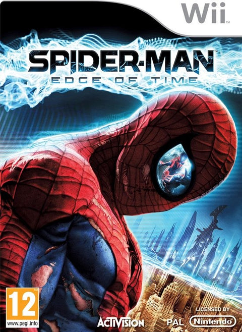 Nintendo Wii Spider-Man Edge of Time van Activision, doos voorkant met Spider-Man masker, tweedehands