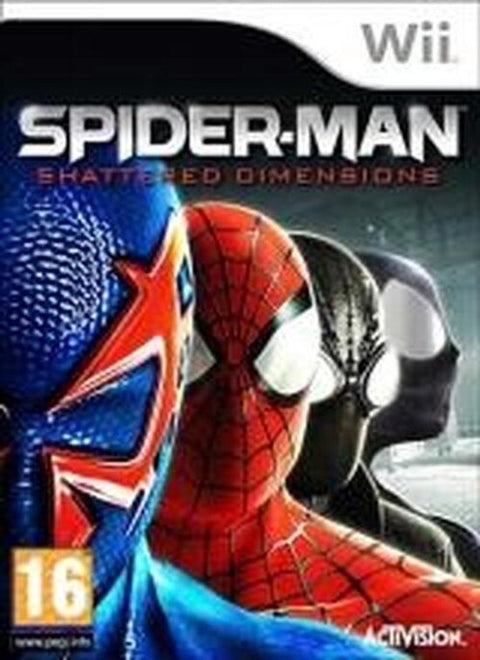 Nintendo Wii Spider-Man Shattered Dimensions van Activision, doos voorkant met vier Spider-Man-maskers, tweedehands