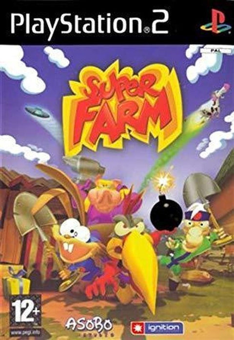 PlayStation 2 Super Farm van Ignition, doos voorkant met boerderijdieren met schoppen, tweedehands