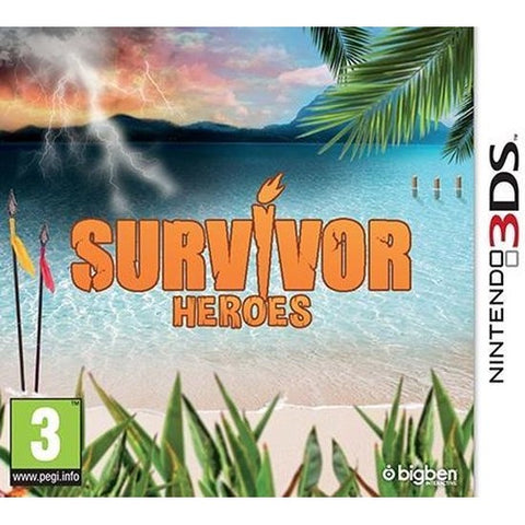 Nintendo 3DS Survivor Heroes, doos voorkant met tropisch strand en onweer, tweedehands