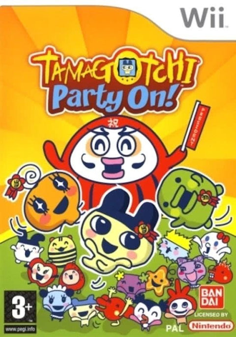 Nintendo Wii Tamagotchi Party On van Bandai, partyspel, doos voorkant met Tamagotchi-figuurtjes, tweedehands