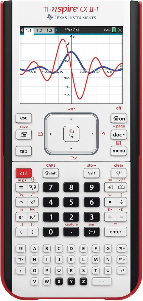 Texas Instruments TI-Nspire CX II-T grafische rekenmachine, wit met rood, voorkant met kleurenscherm, tweedehands