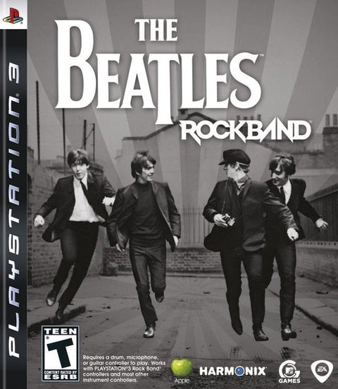 PlayStation 3 The Beatles Rock Band van Harmonix, doos voorkant met de vier Beatles in zwart-wit, Amerikaanse ESRB-uitgave
