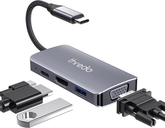 Thredo-4 in 1 USB C Hub - USB C + USB 3.0 + 4K HDMI + VGA - Met voeding (Nieuw)