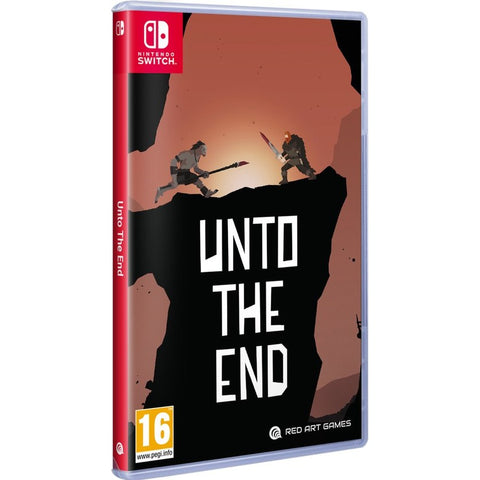 Nintendo Switch Unto The End van Red Art Games, doos voorkant met twee strijders voor een rode rots