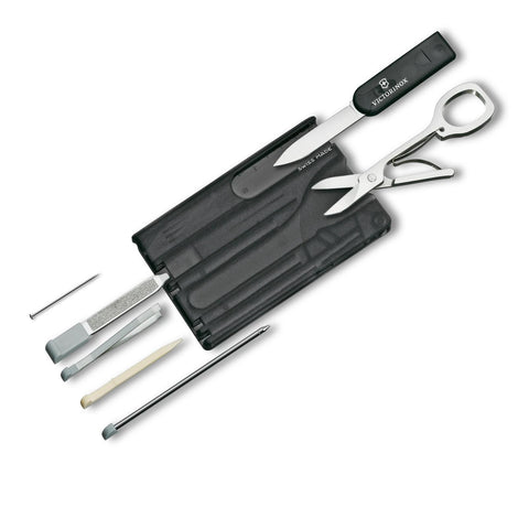 Victorinox SwissCard Classic Onyx 10-in-1 multitool, doorzichtig zwart, kaart met uitgeklapte werktuigen