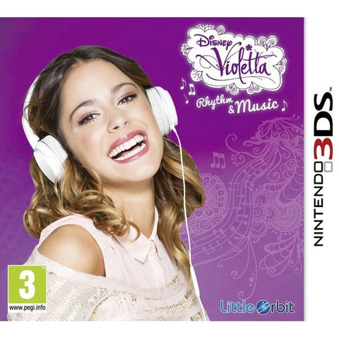 Nintendo 3DS Violetta Rhythm & Music van Disney, doos voorkant met een lachend meisje met koptelefoon, tweedehands