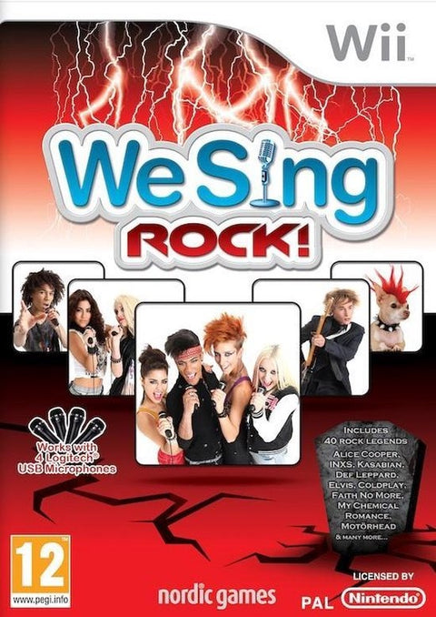 Nintendo Wii We Sing Rock van Nordic Games, karaoke, doos voorkant met bliksem op rode achtergrond, tweedehands