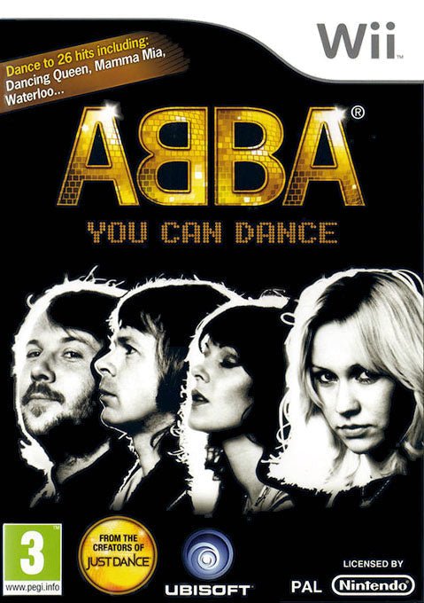 Nintendo Wii ABBA You Can Dance van Ubisoft, doos voorkant met zwart-witfoto van de vier bandleden, tweedehands