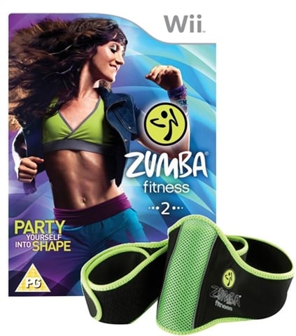 Nintendo Wii Zumba Fitness 2 met Zumba Fitness Belt, spelhoes voorkant en zwart-groene riem, PAL, tweedehands