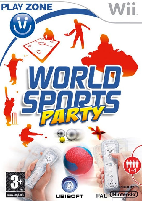Nintendo Wii World Sports Party van Ubisoft, Play Zone, doos voorkant met Wii-remotes, tweedehands