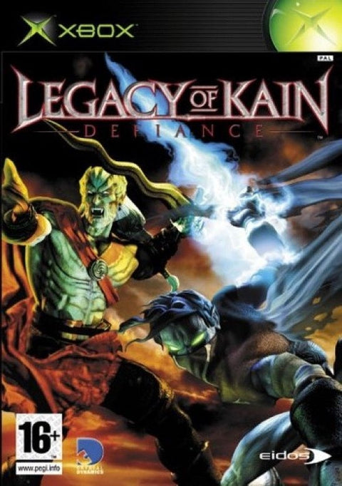 Xbox Legacy of Kain Defiance van Eidos, doos voorkant met twee vechtende vampierfiguren en bliksem, tweedehands